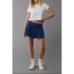 American Eagle Womens Blue Denim Pleated Preppy Tennis Prep Mini Skort 16
